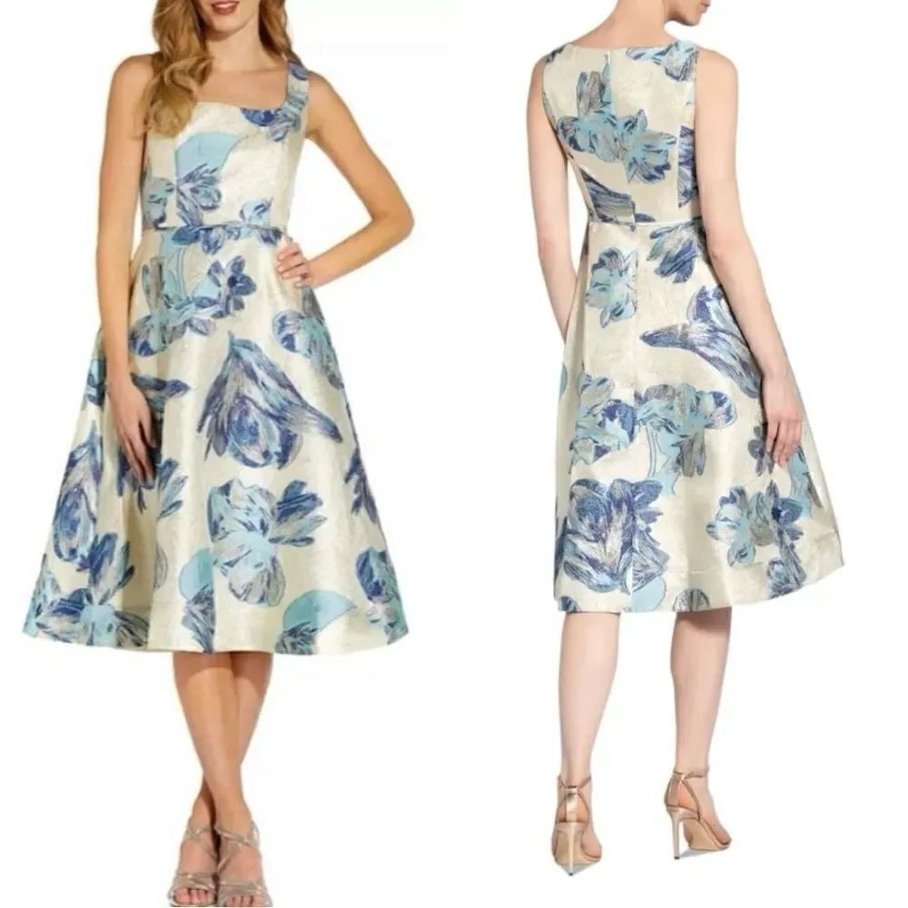 Adrianna Papell Jacquard A-Line Midi Dress Blue/ Gold 2 NWT $249